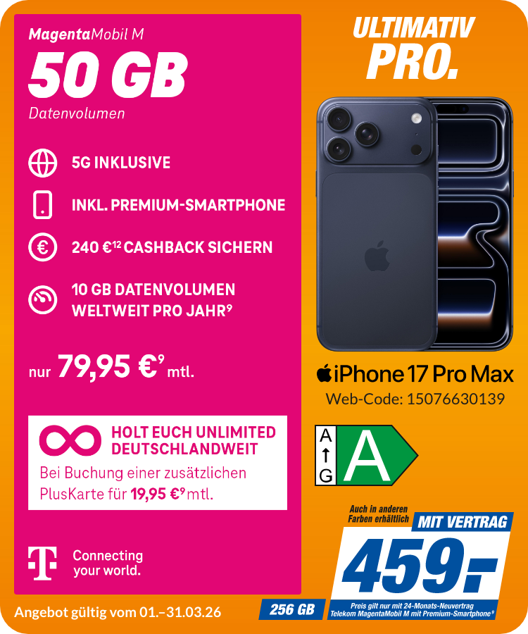 iPhone 17 Pro Max mit Magenta Mobil M für 459€!
