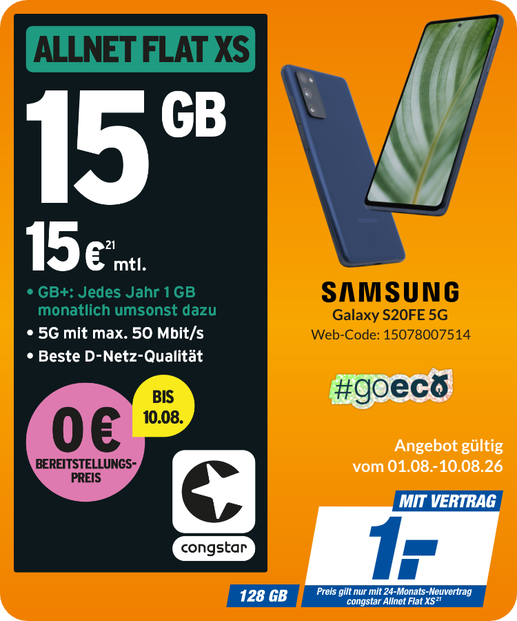 Samsung S20 mit Allnet Flat XS für 1€!