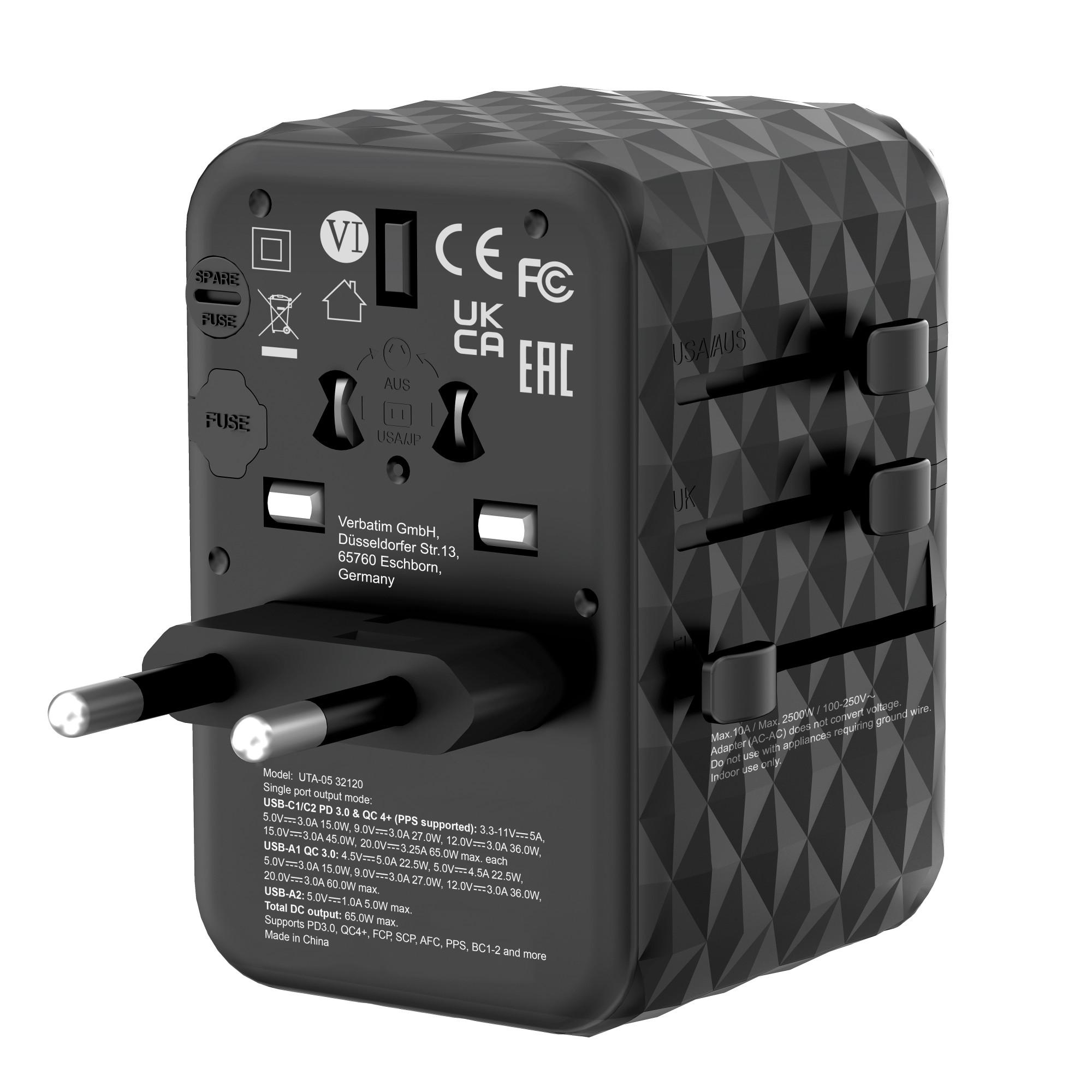 Universal Netzstecker-Adapter 65 W, USB-C, USB-A, Schwarz