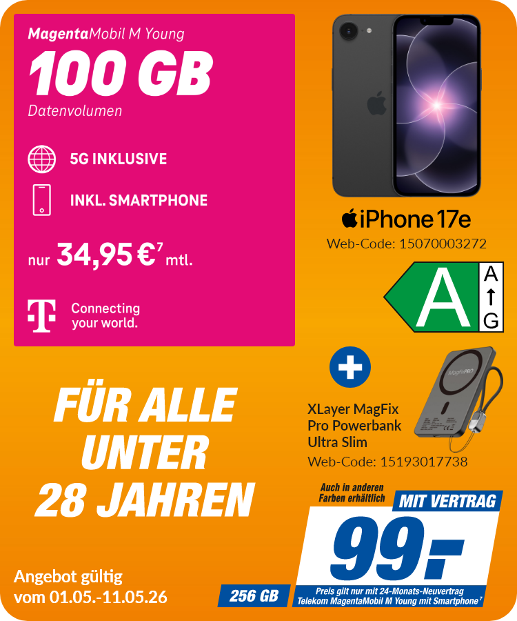 Apple iPhone 17e + Powerbank mit Magenta Mobil M Young für 99€!