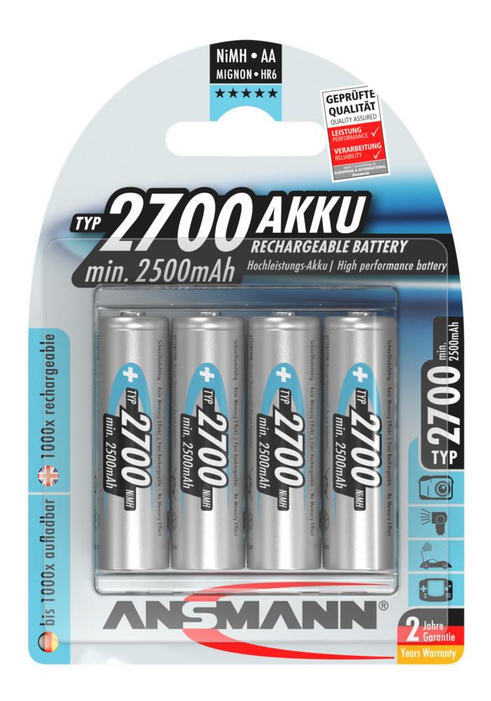 NiMH Akku Mignon AA Typ 2700 (min. 2500 mAh) 4er Blister