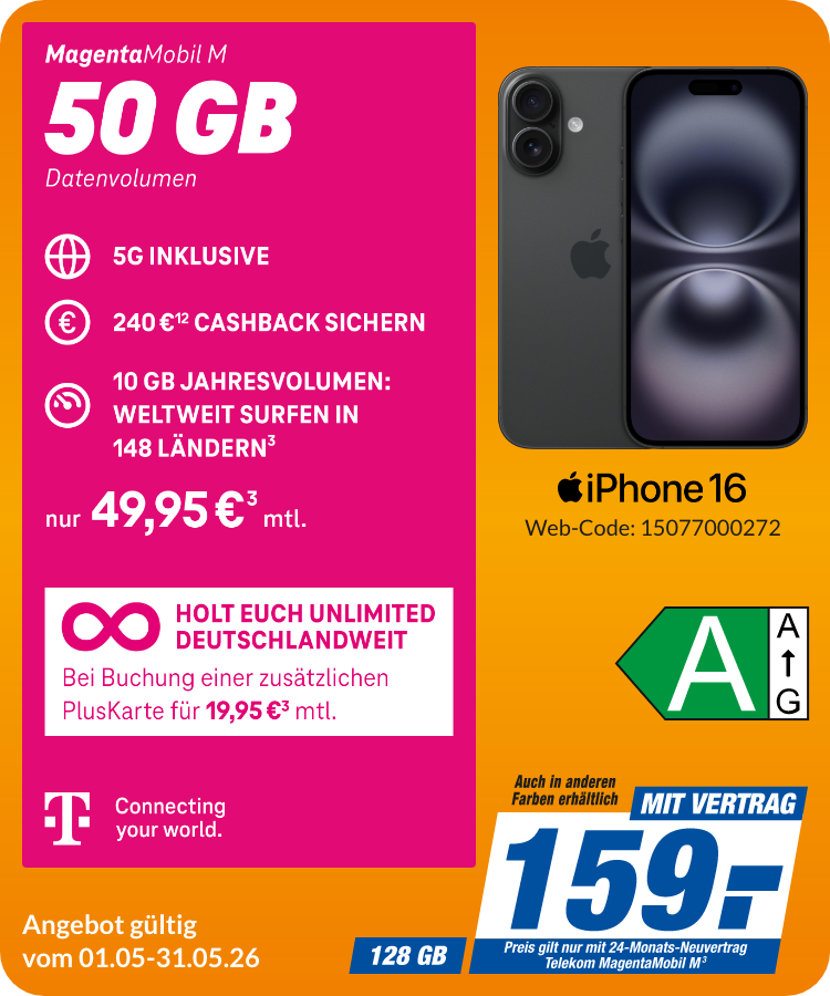 Apple iPhone 16 mit Magenta Mobil M für 159€!