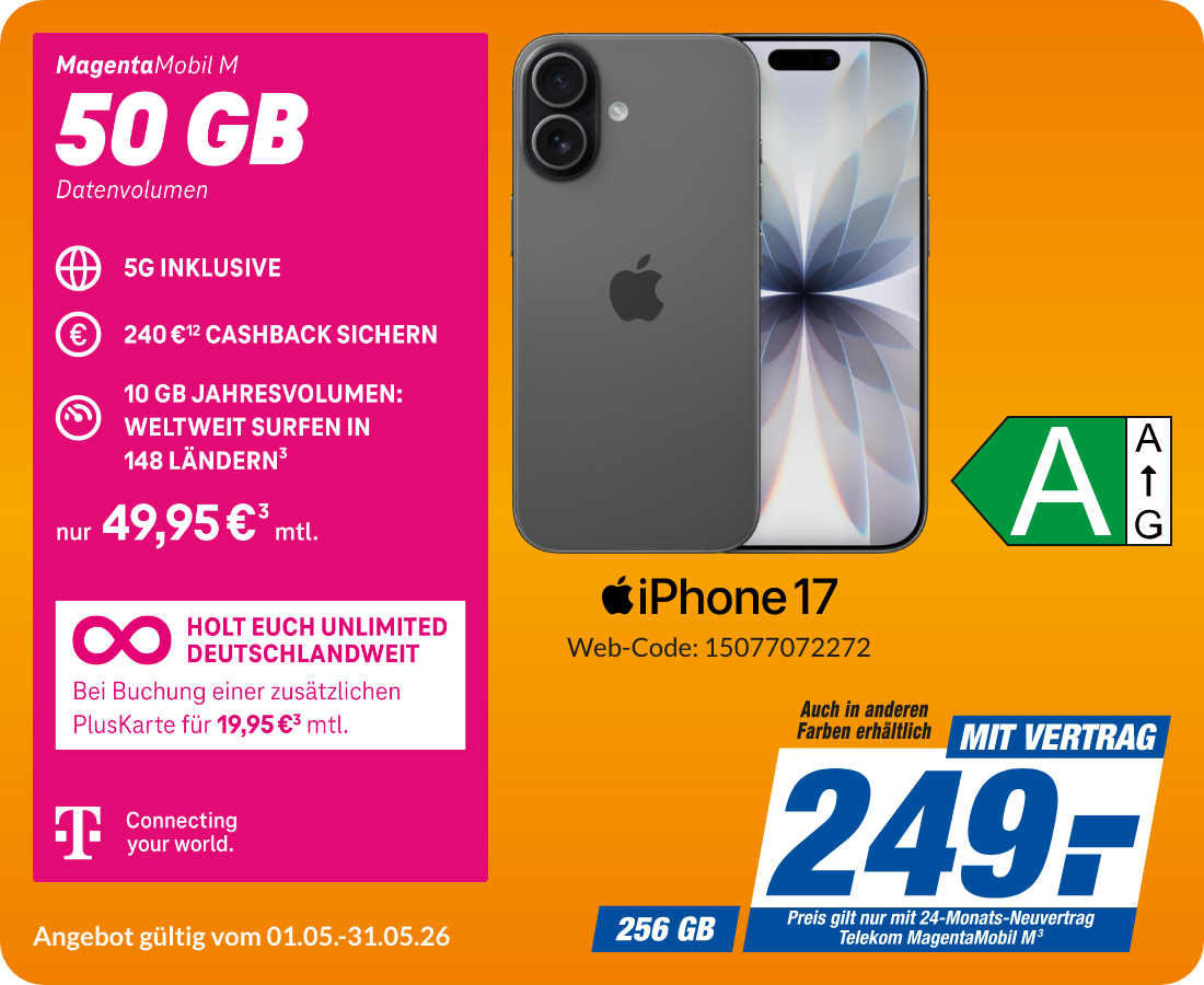 Apple iPhone 17 mit Magenta Mobil M für 249€!