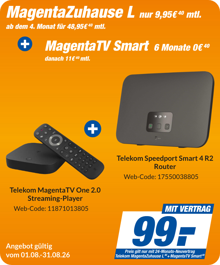 Magenta Zuhause L mit Magenta TV One 2.0 Streaming Player + Telekom Speedport Smart 4 R2 Router 