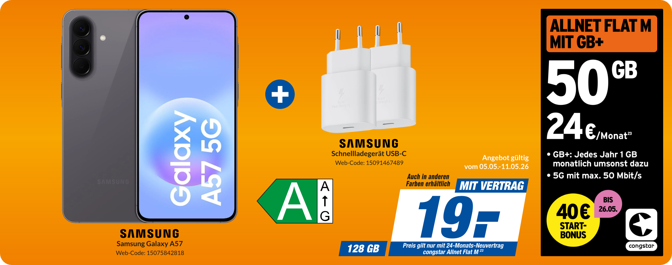 Galaxy A57 + Adapter mit Allnet Flat M für 19€!