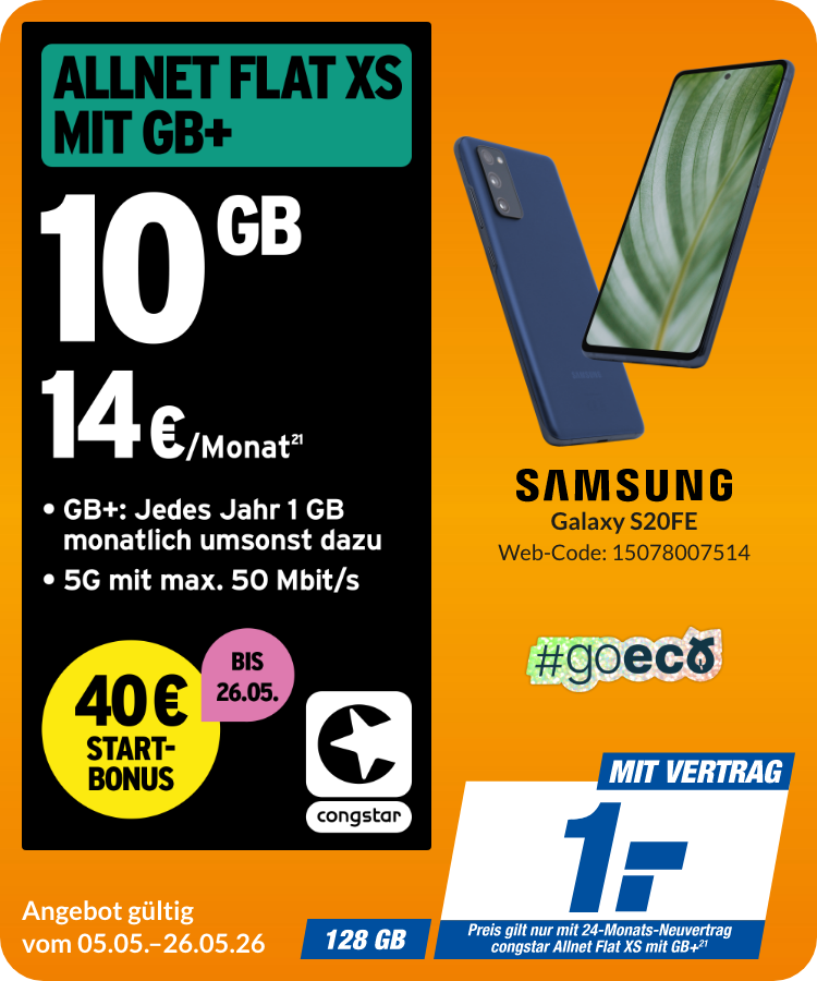 Samsung S20FE mit Allnet Flat XS für 1€!