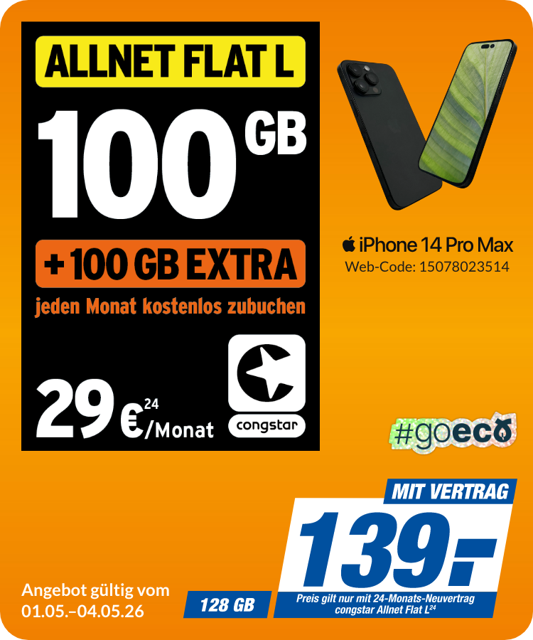 Apple iPhone 14 Pro Max mit Allnet Flat L für 139€!