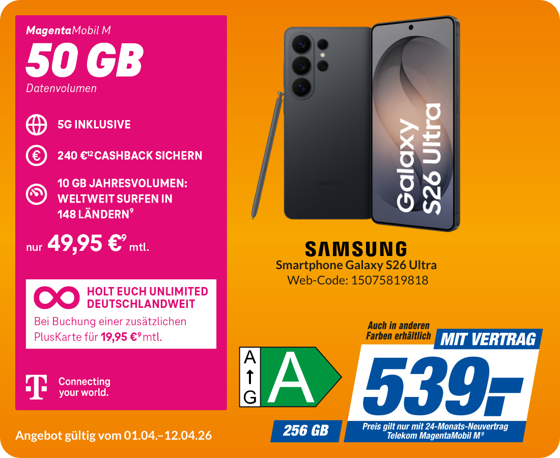 Galaxy S26 Ultra mit Magenta Mobil M für 539€!