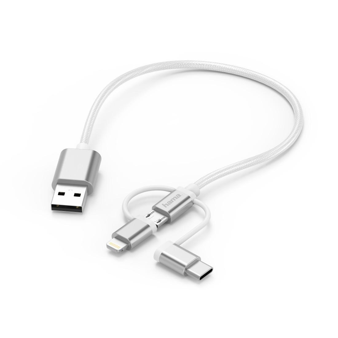 3in1-Micro-USB-Kabel mit Adapter auf USB-Type-C u. Lightning, 0,2m, Weiß (00183306)