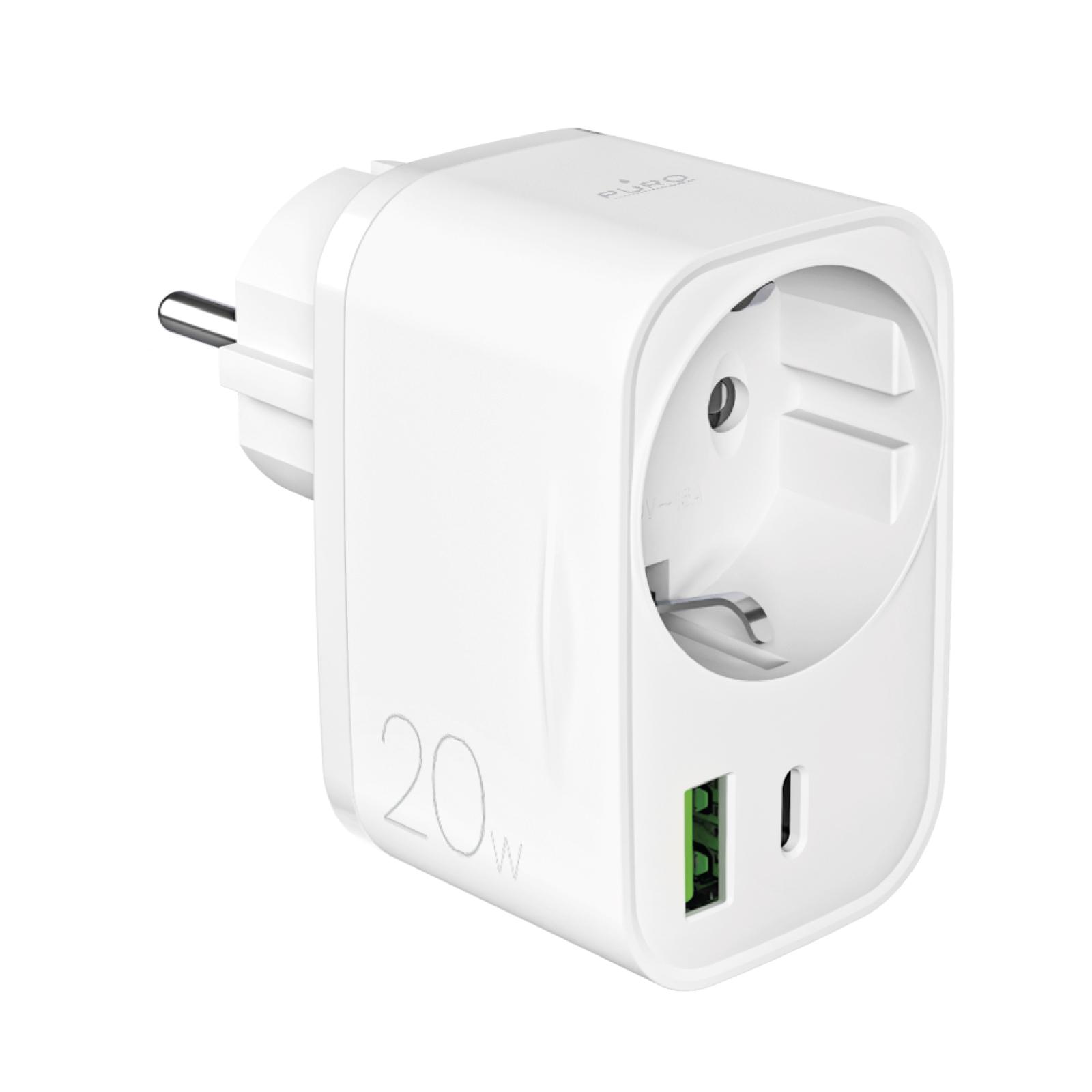 Wall charger with Schuko socket, 1 USB-C 20W Power Delivery output and 1 USB-A output
