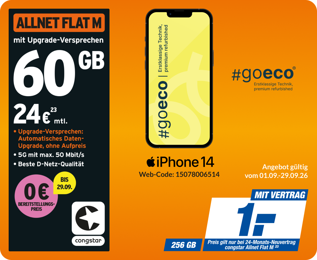 iPhone 14 mit Allnet Flat M für 1€!