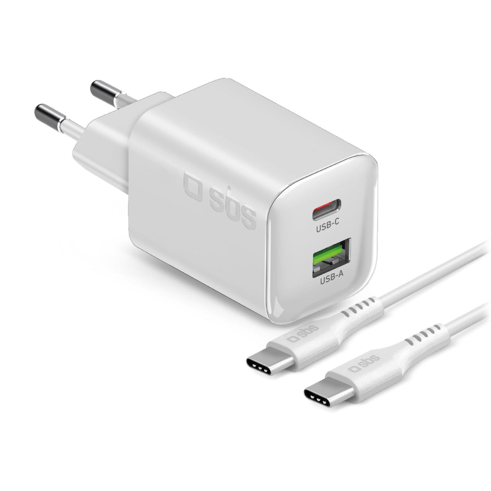 Kit Ladegerät für die Steckdose 45W GaN und Power Delivery, mit 1,5 m USB-C-Kabel, Weiß Schnellladegerät (USB-A + USB-C)