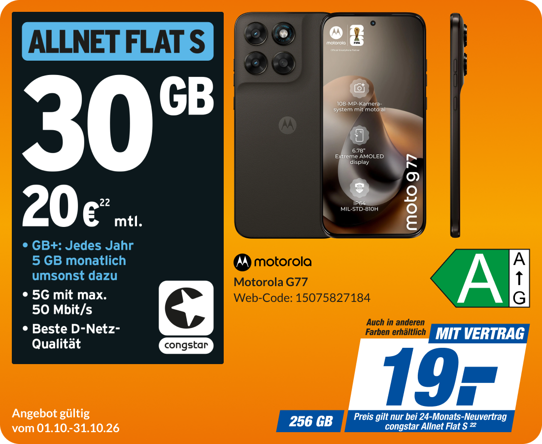 Motorola G77 mit Allnet Flat S für 19€!