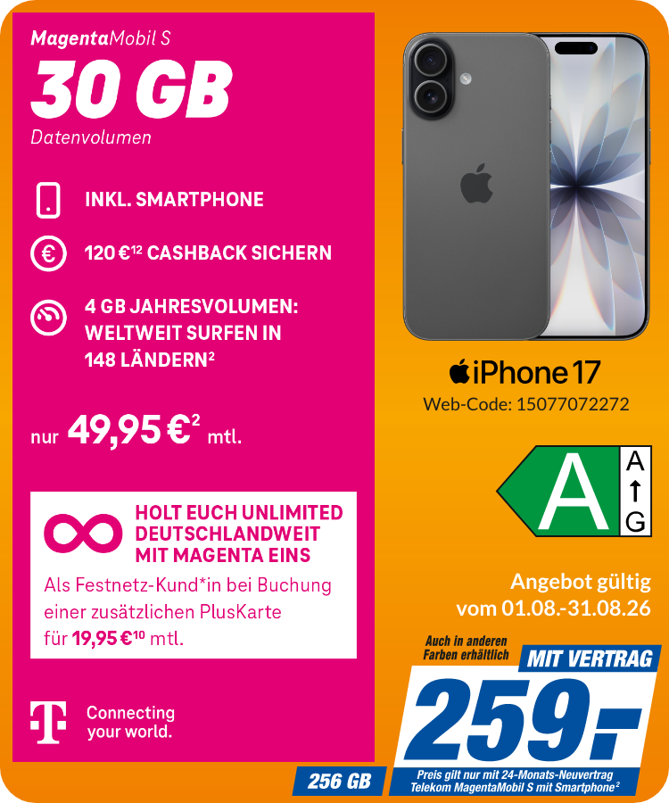 Apple iPhone 17 mit Magenta Mobil S für 259€!