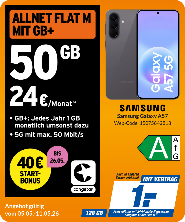 Galaxy A57 mit Allnet Flat M für 1€!
