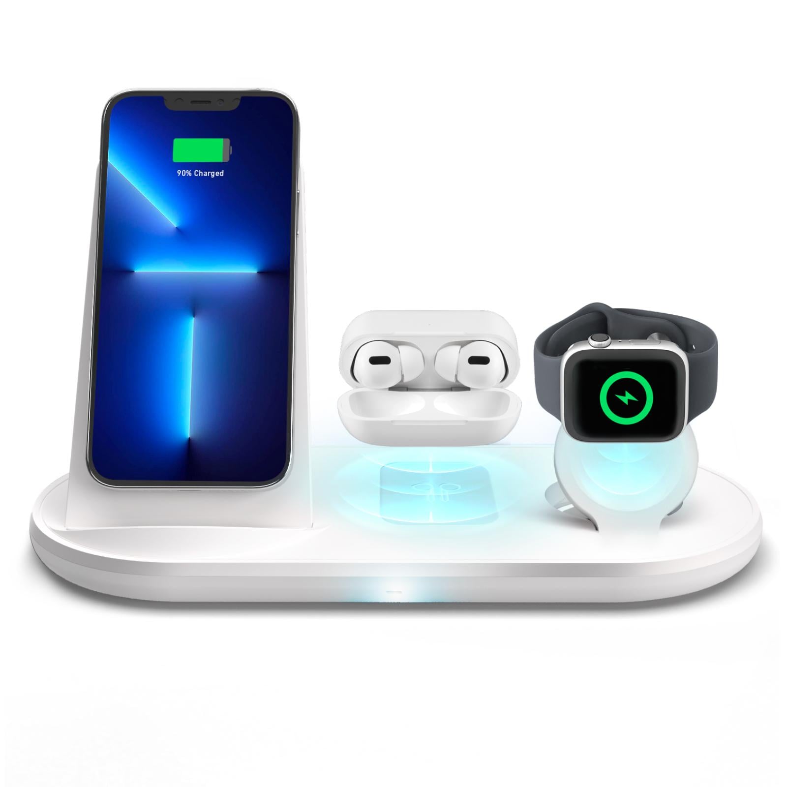 Kabelloses QI-Ladegerät mit Halterung für Smartphones, Ohrhörer und Apple Watch Weiß