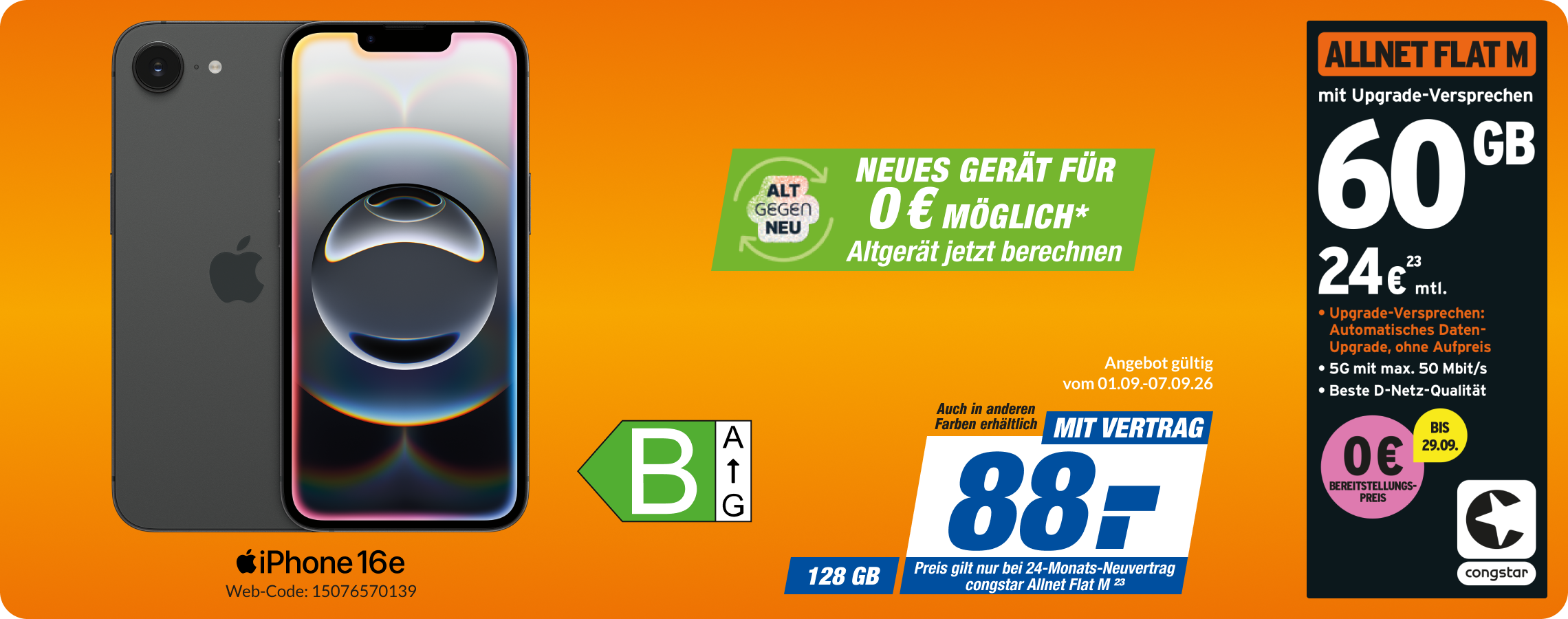 Apple iPhone 16e mit Allnet Flat M für 88€!
