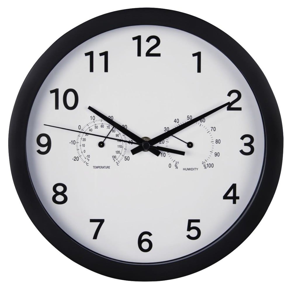 Wanduhr "Pure Plus", Ø 25 cm, mit Thermo-/Hygrometer, geräuscharm, Schwarz (00186342)