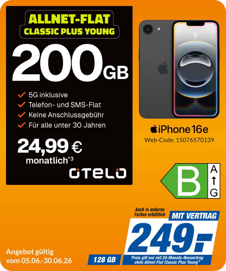iPhone 16e mit Allnet Flat Classic Plus Young für 249€!