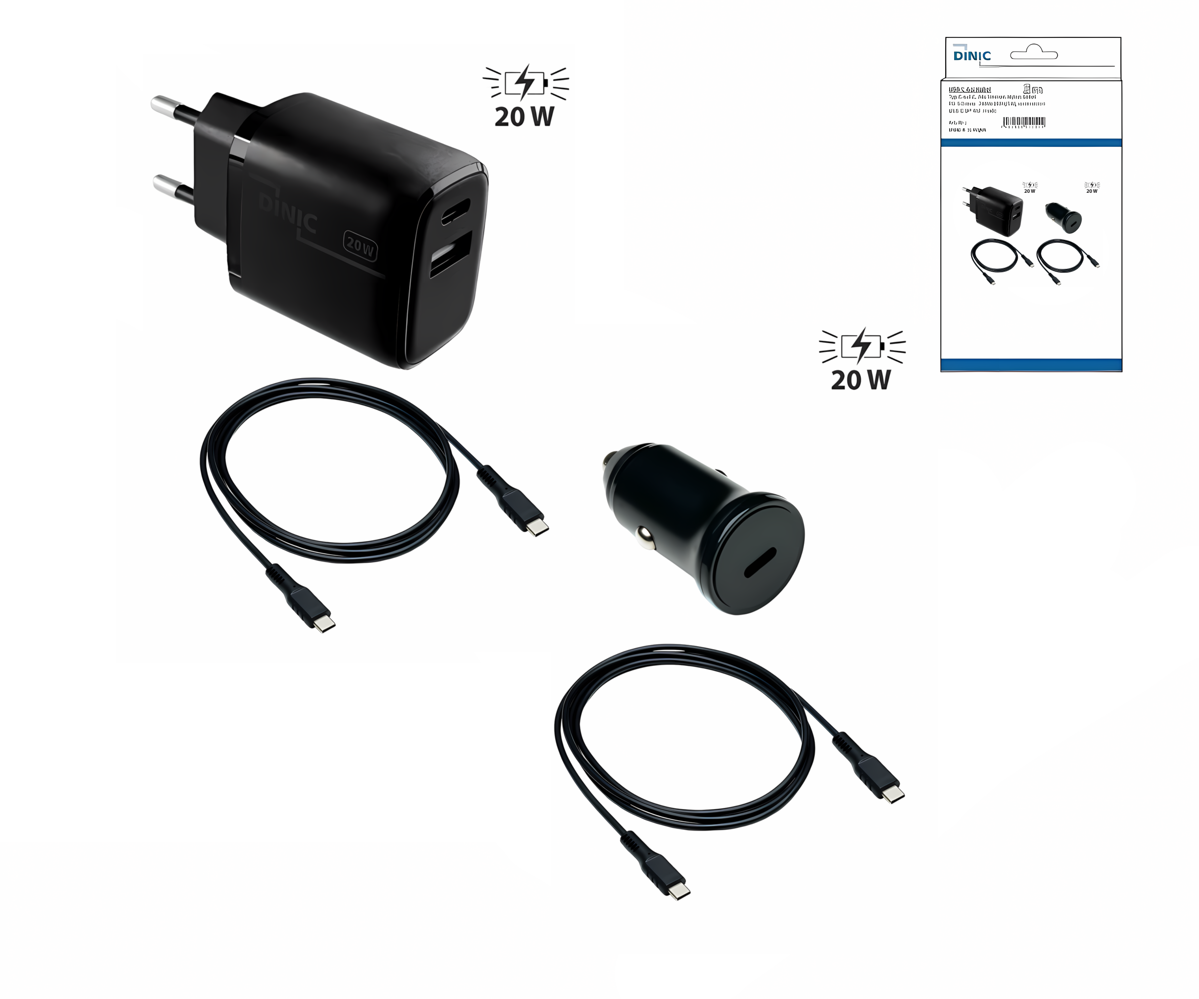 Ladebundle - 20W KFZ- und Netzlader mit 2 USB-C Ladekabeln, Schwarz