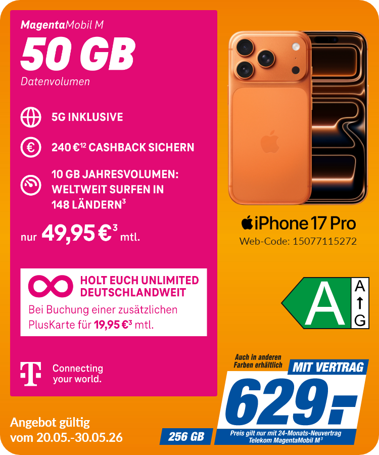 Apple iPhone 17 Pro mit Magenta Mobil M für 629€!