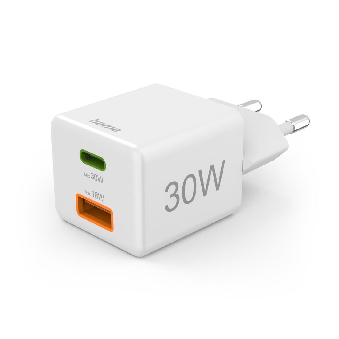 Schnellladegerät, 1x USB-C, 1x USB-A, Mini-Ladegerät, PD, 30 W, Weiß (00201992)