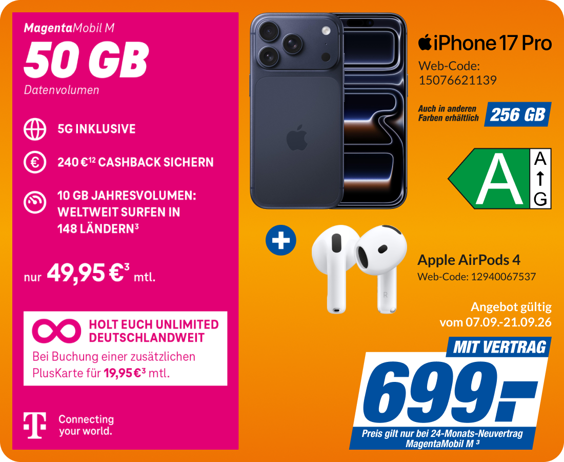 iPhone 17 Pro + Air Pods 4 mit Magenta Mobil M für 699€!