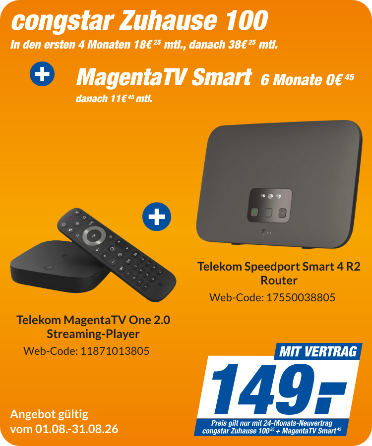 congstar Zuhause 100 mit Magenta TV One 2.0 Streaming Player + Telekom Speedport Smart 4 R2 Router