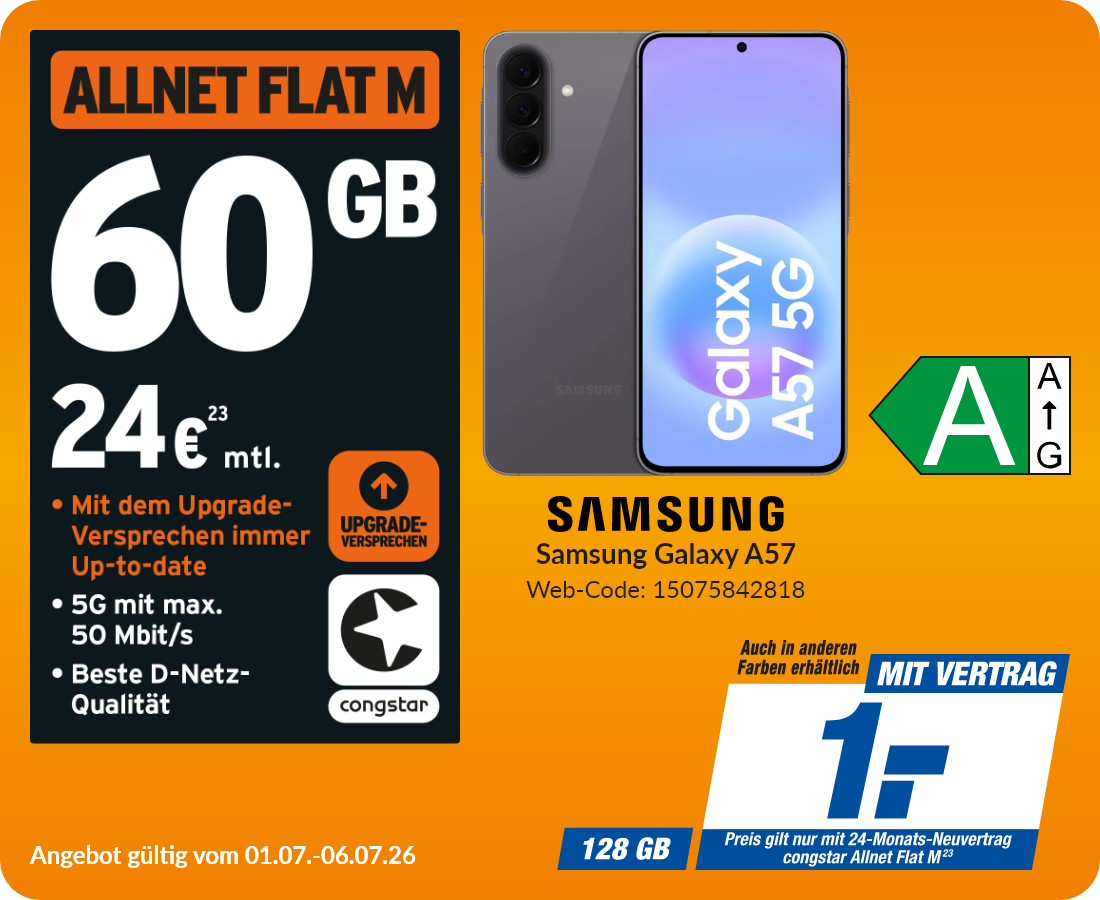 Samsung A57 mit Allnet Flat M für 1€!