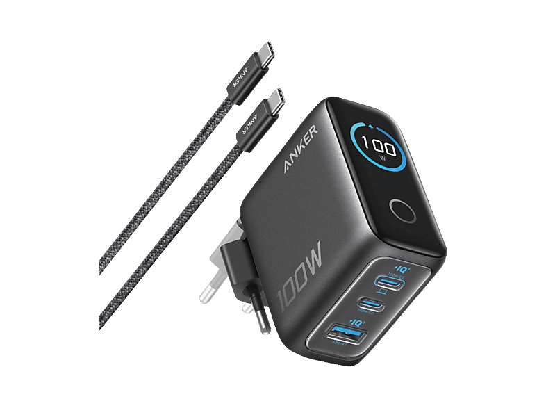 Nano 100W 3-Port Ladegerät, inklusive USB-C Kabel, 2x USB-C, 1x USB-A, Schwarz