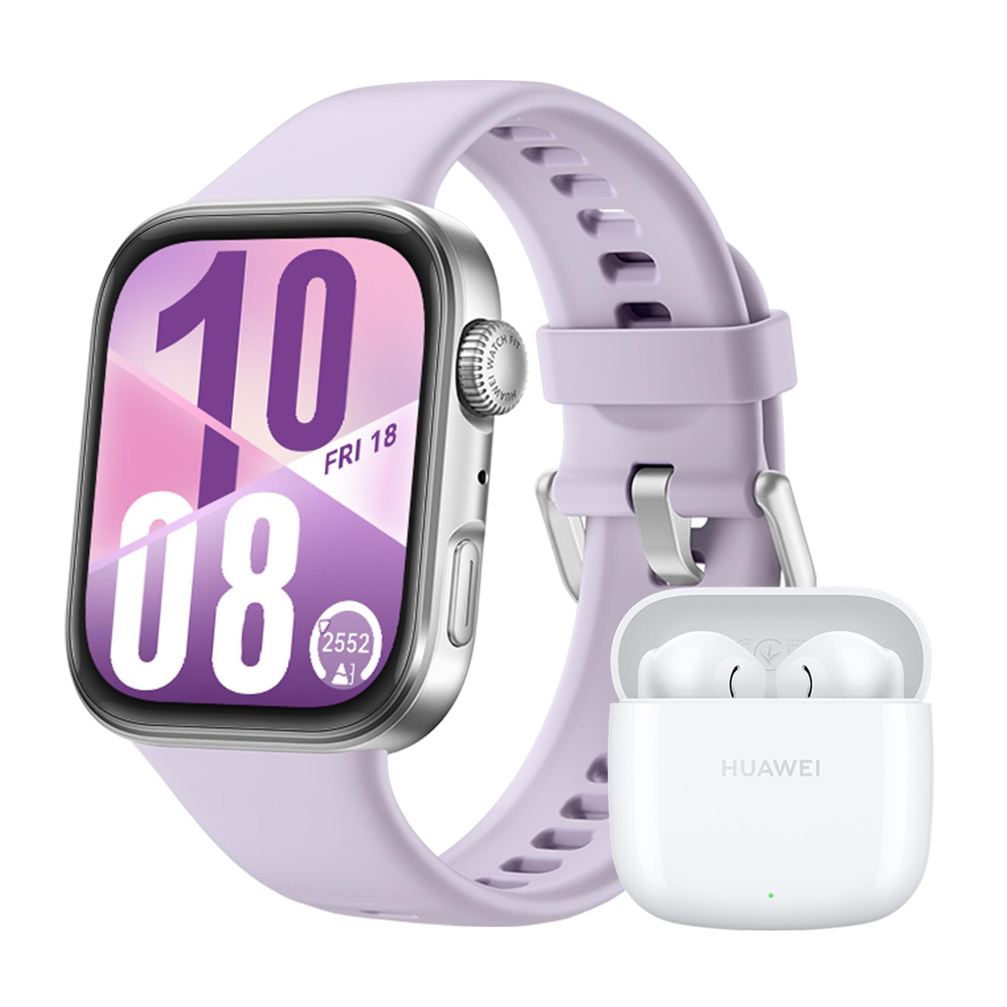 Watch Fit 4, silbernes Gehäuse mit violettem Fluorelastomer-Armband + FreeBuds SE 2