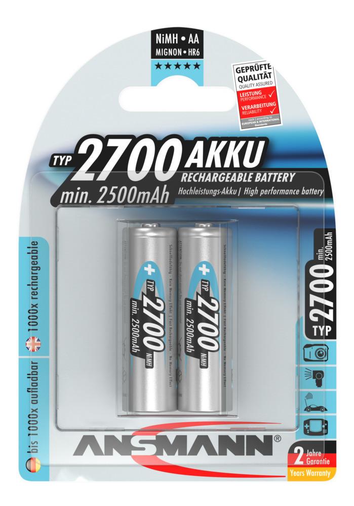 NiMH Akku Mignon AA Typ 2700 (min. 2500 mAh) 2er Blister