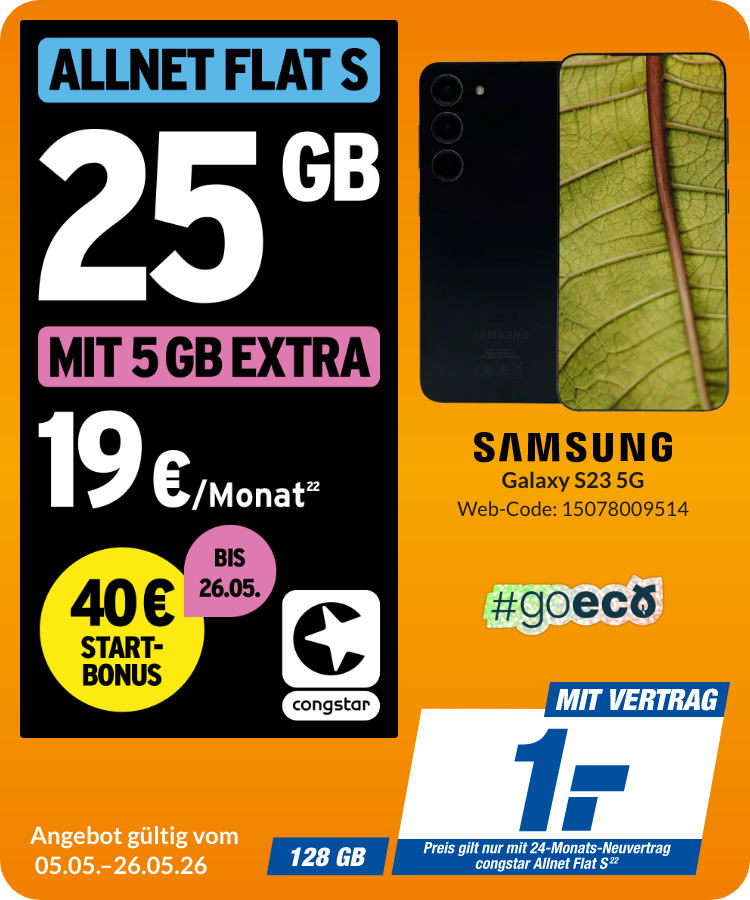 Samsung A23 mit Allnet Flat S für 1€!
