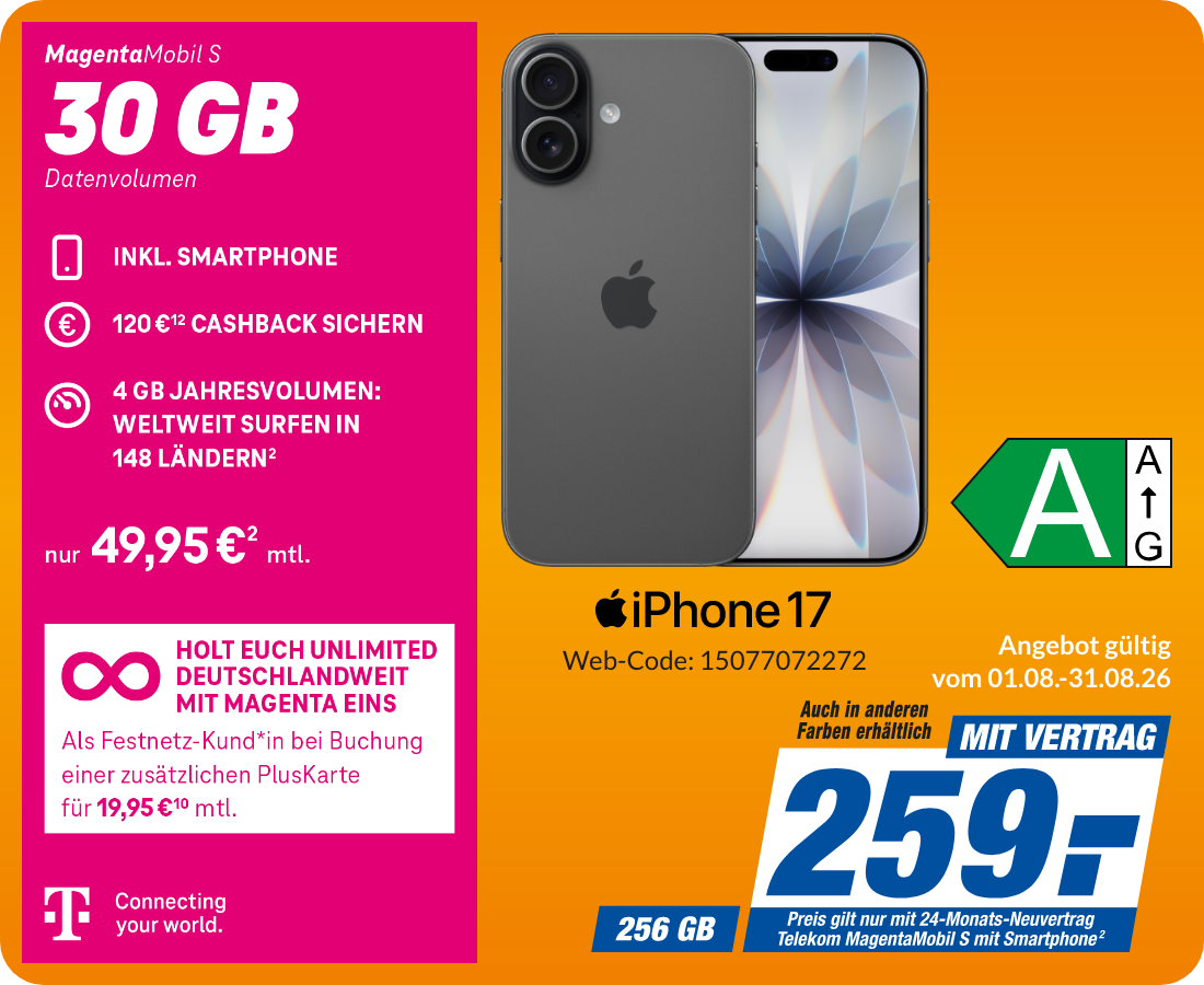 Apple iPhone 17 mit Magenta Mobil S für 259€!