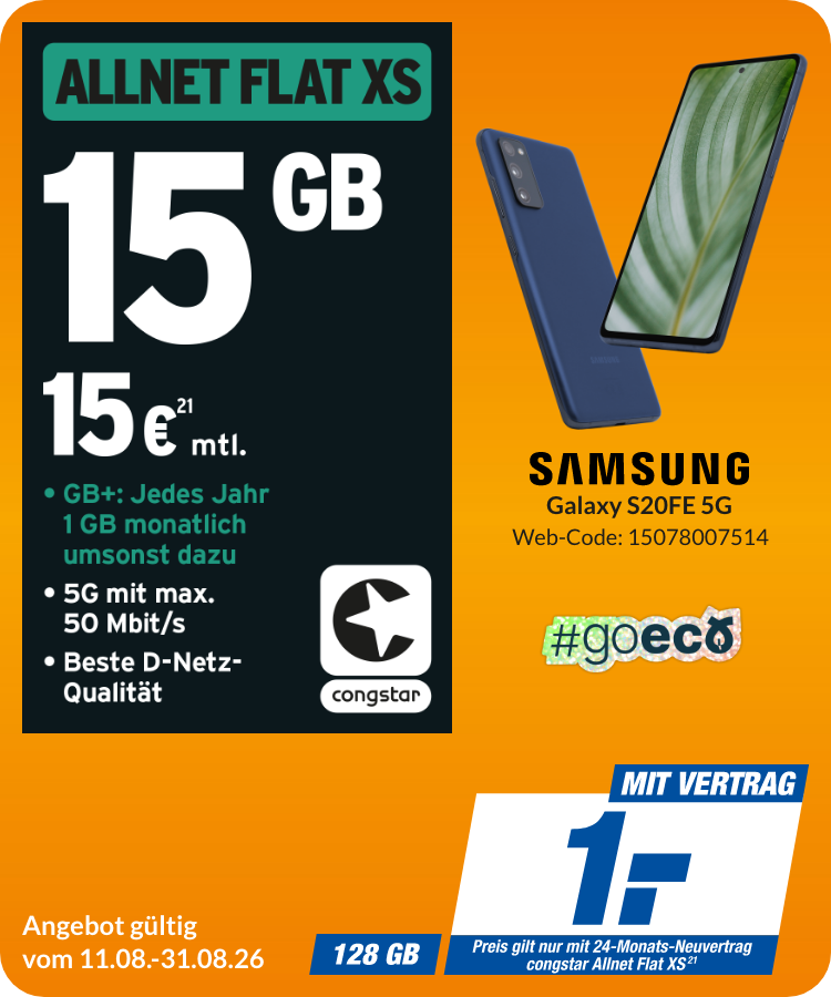 Samsung S20 mit Allnet Flat XS für 1€!