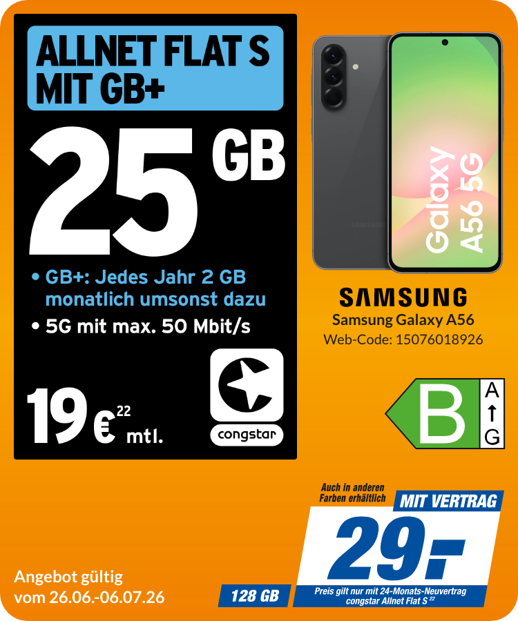Samsung A56 mit Allnet Flat S für 29€!