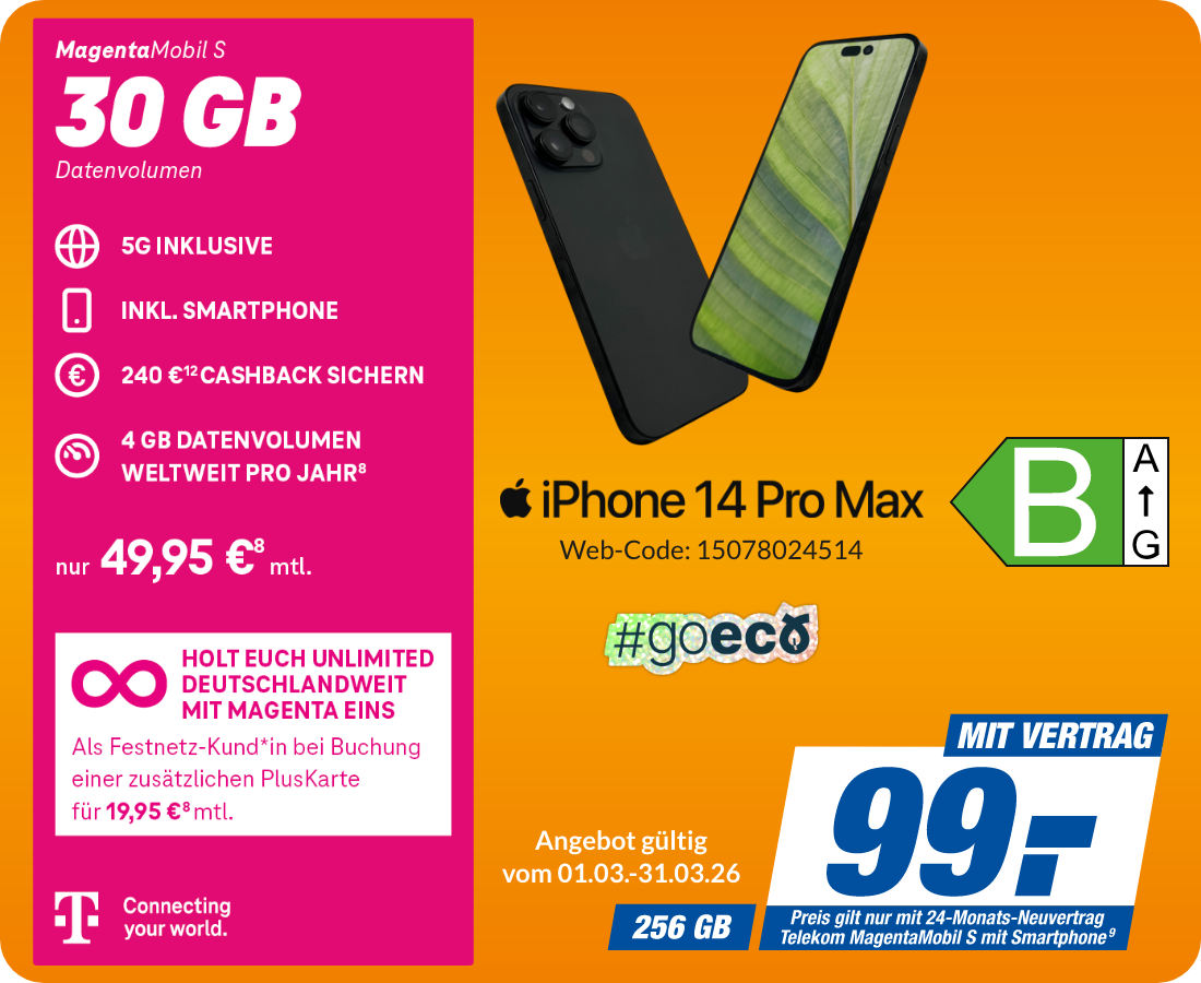 GOECO Apple iPhone 14 Pro Max mit Magenta Mobil S für 99€!