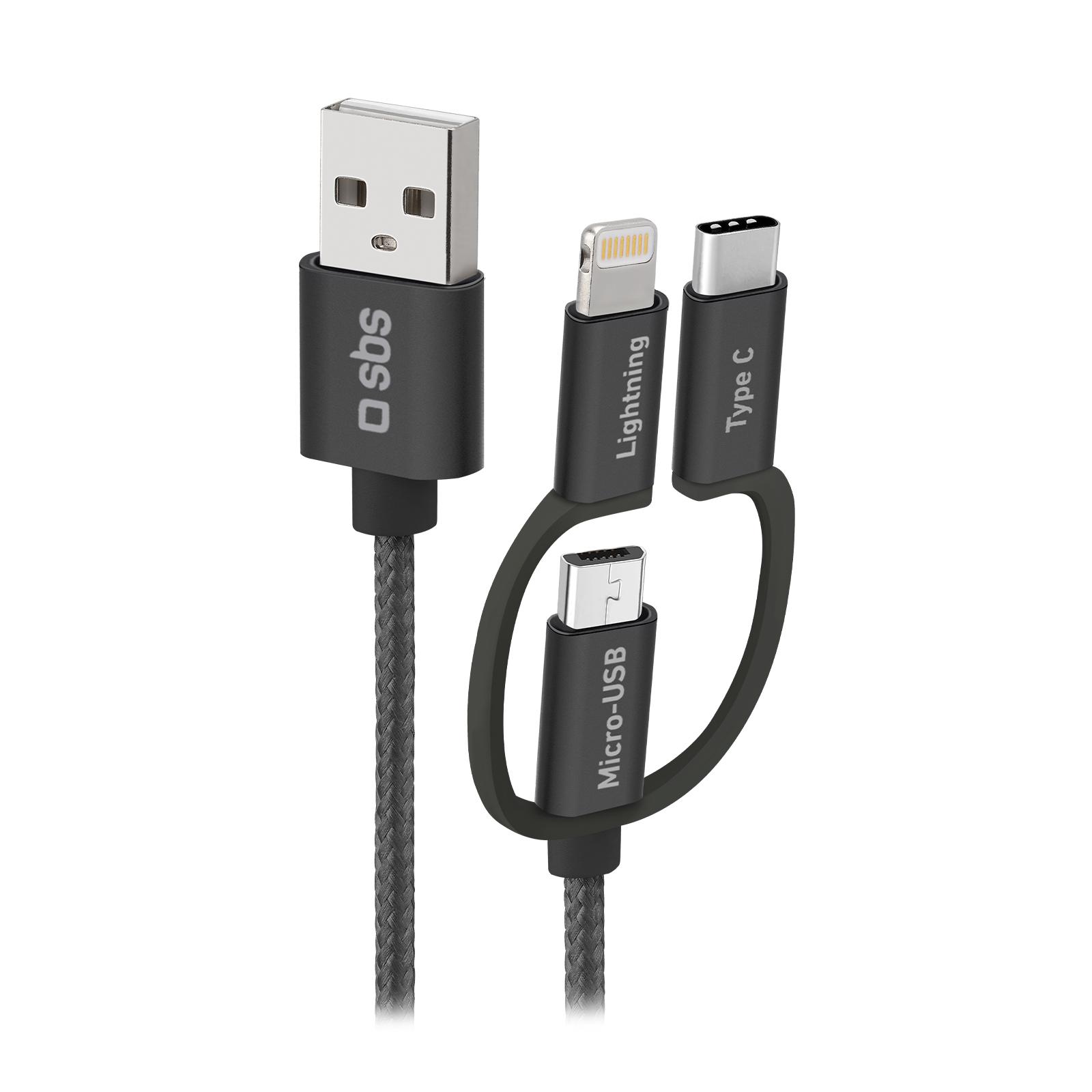 USB-auf-Micro-USB-Kabel mit Lightning- und USB-C-Adaptern, Schwarz