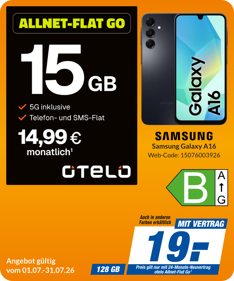 Galaxy A16 mit Allnet Flat Go für 19€!