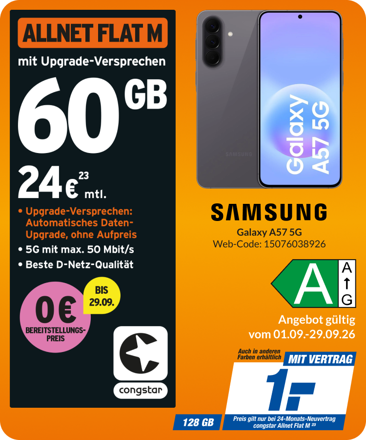Samsung A57 mit Allnet Flat M für 1€!