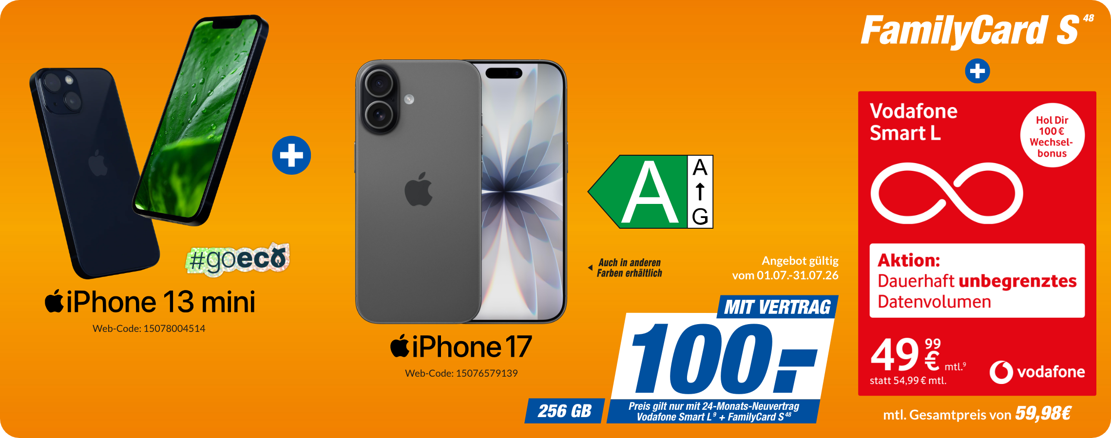 iPhone 17 und iPhone 13 Mini mit Smart L + FamiliyCard S für 100€!