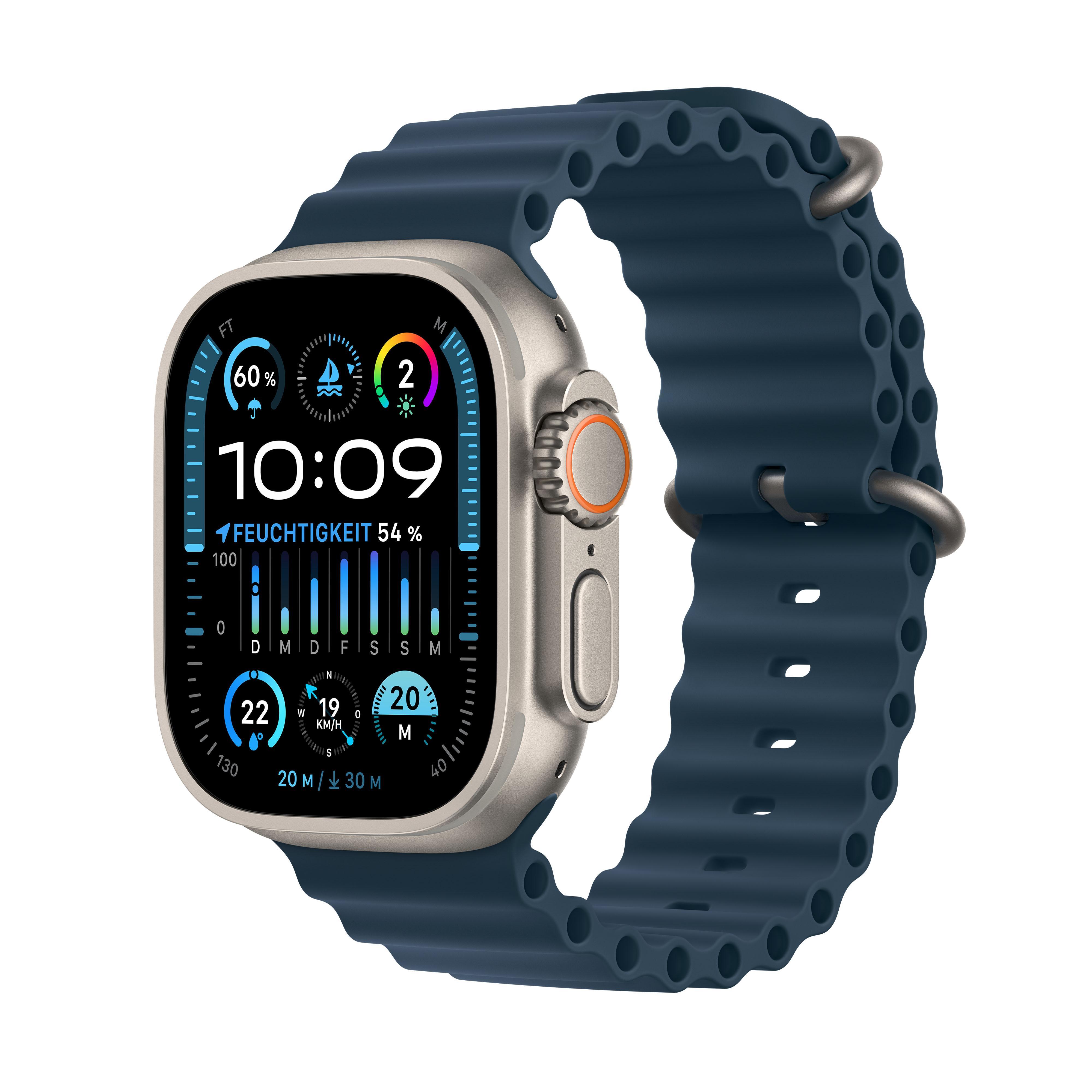 Watch Ultra 2 GPS + Cellular, 49 mm Titan­gehäuse, Ocean Armband Blau