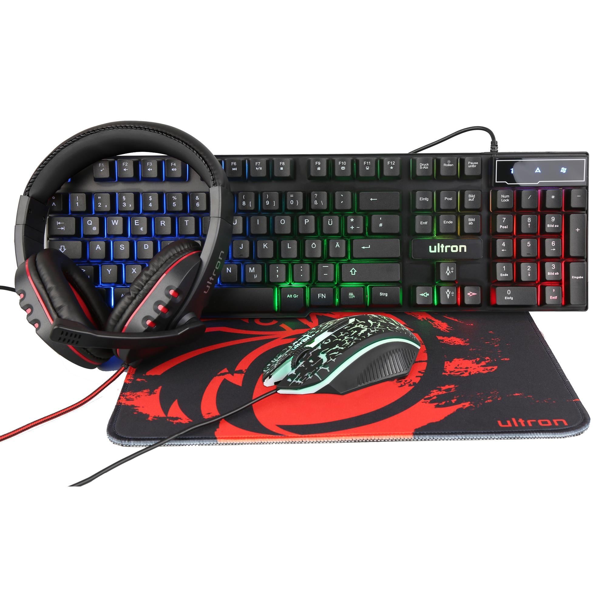 HAWK Gaming Set - 4-in-1 LED Gaming Kit mit Tastatur, Maus, Headset & Mauspad