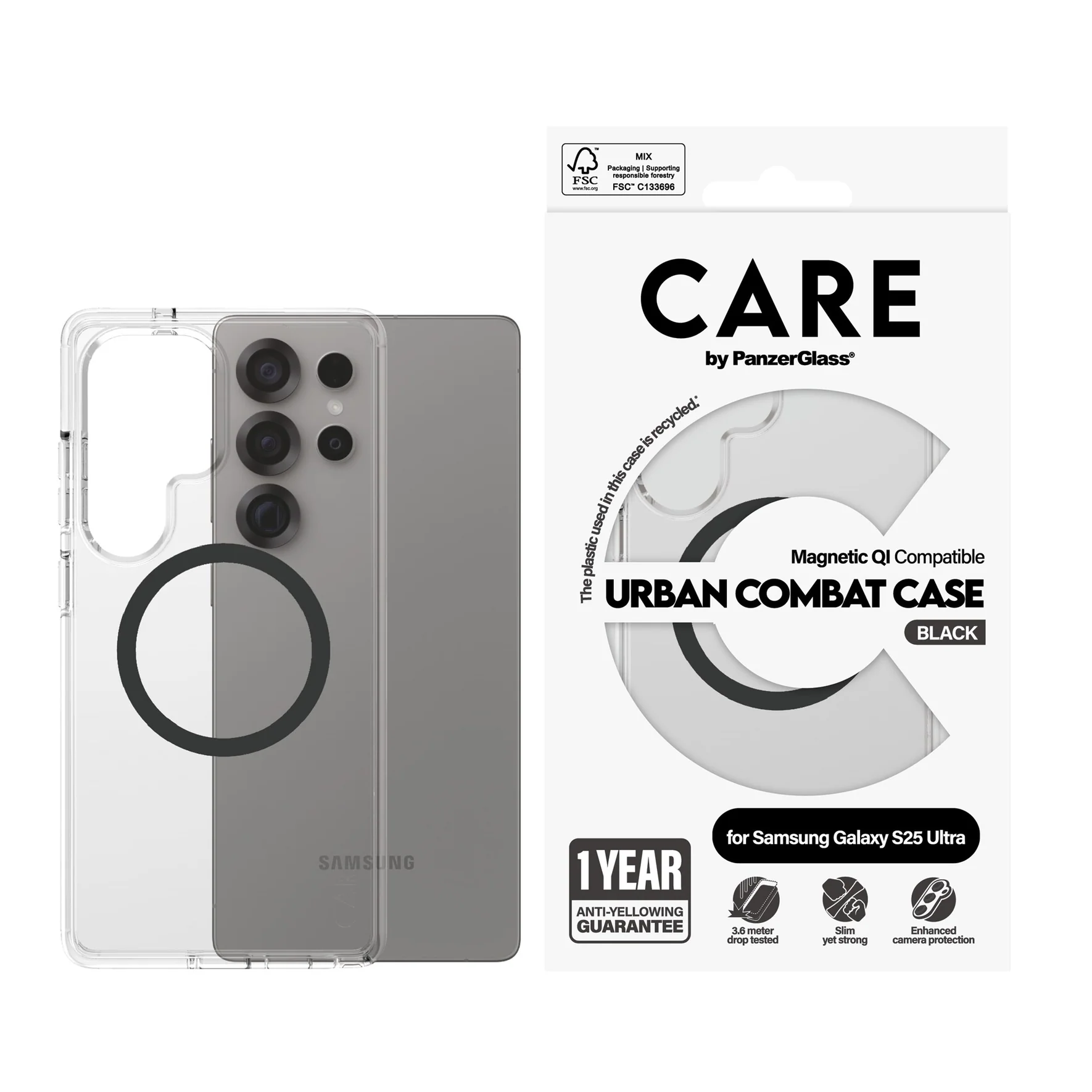 CARE by PanzerGlass® Flagship Case Transparent Urban Combat m. Schwarz Qi Samsung Galaxy S25 Ultra