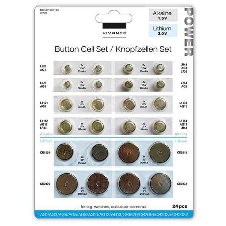 Knopfzellen-Set, 24 Stk. 12 verschiedene Typen, Alkaline und Lithium (31736)