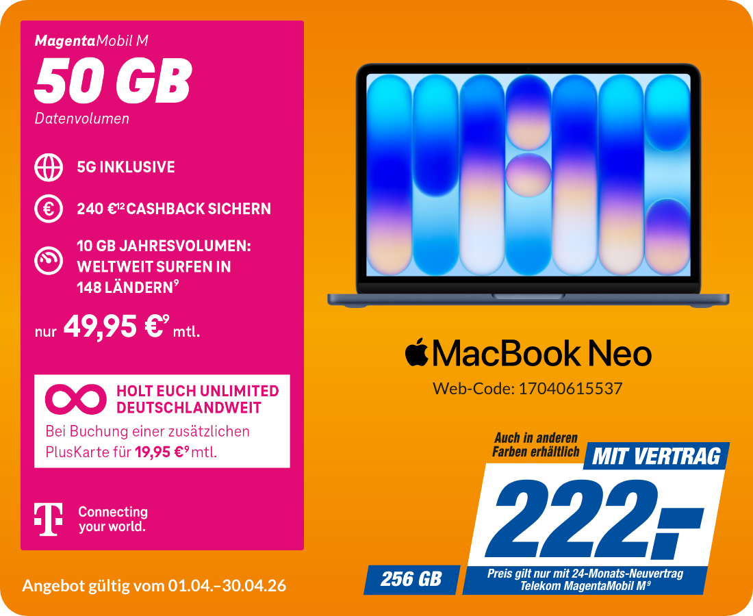 Apple MacBook Neo mit Magenta Mobil M für 222€!