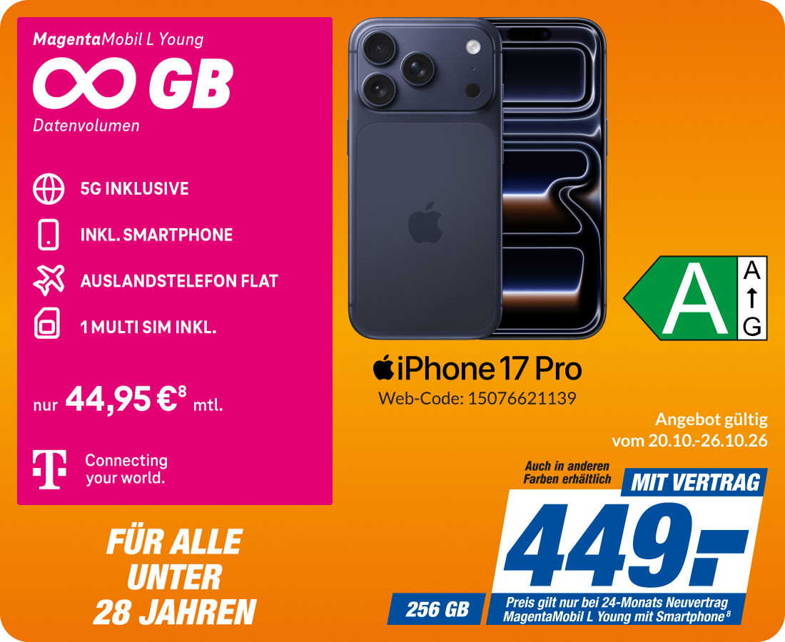 Apple iPhone 17 Pro mit Magenta Mobil L Young für 449€!