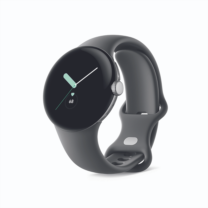 Pixel Watch LTE, silbernes Edelstahlgehäuse mit Charcoal Active Armband Smartwatch