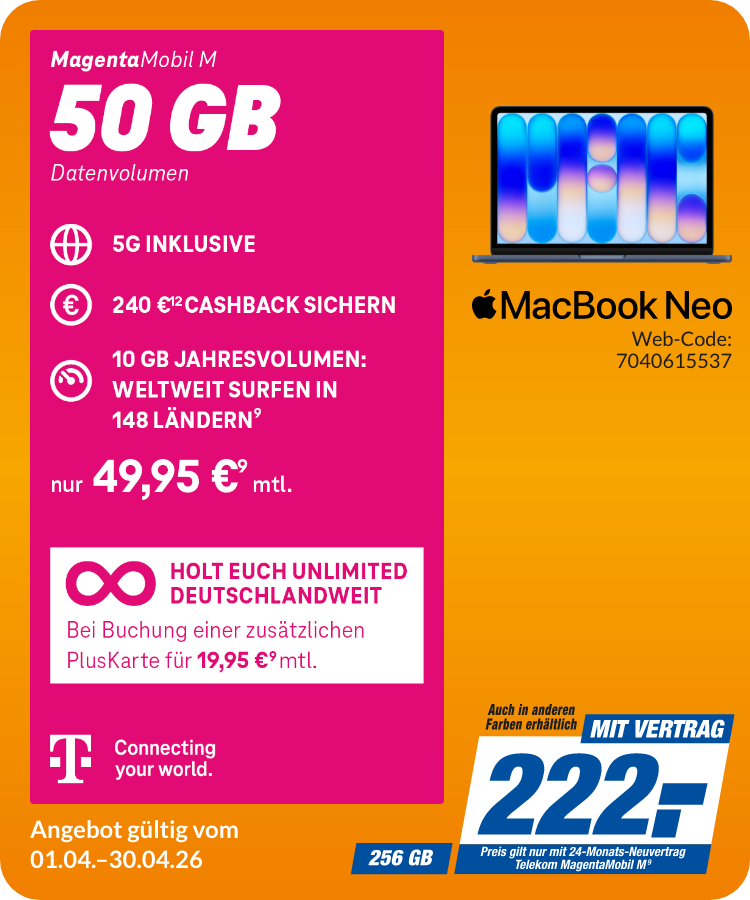 Apple MacBook Neo mit Magenta Mobil M für 222€!
