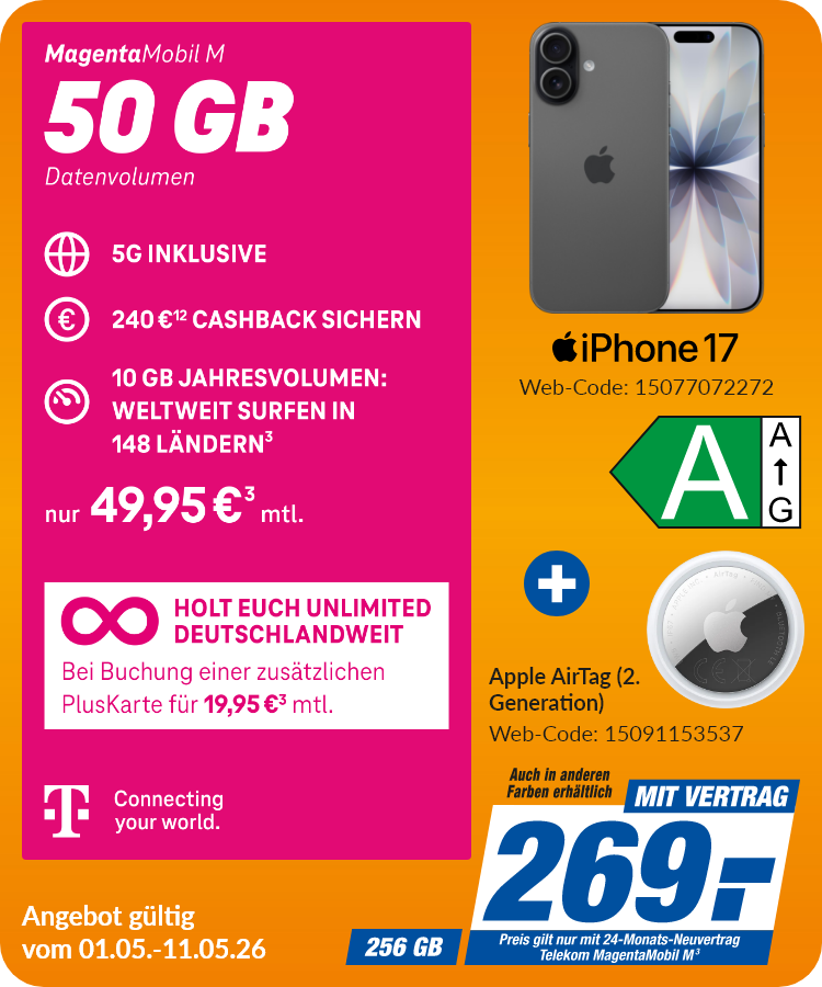 Apple iPhone 17 + Airtag 2. Gen mit Magenta Mobil M für 269€!